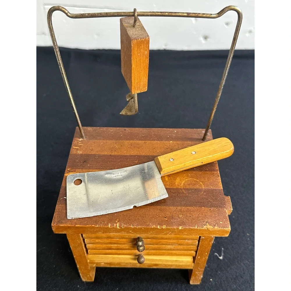 Vintage Wooden Butcher Block Coaster Set with Mini Cleaver and Bottle Opener